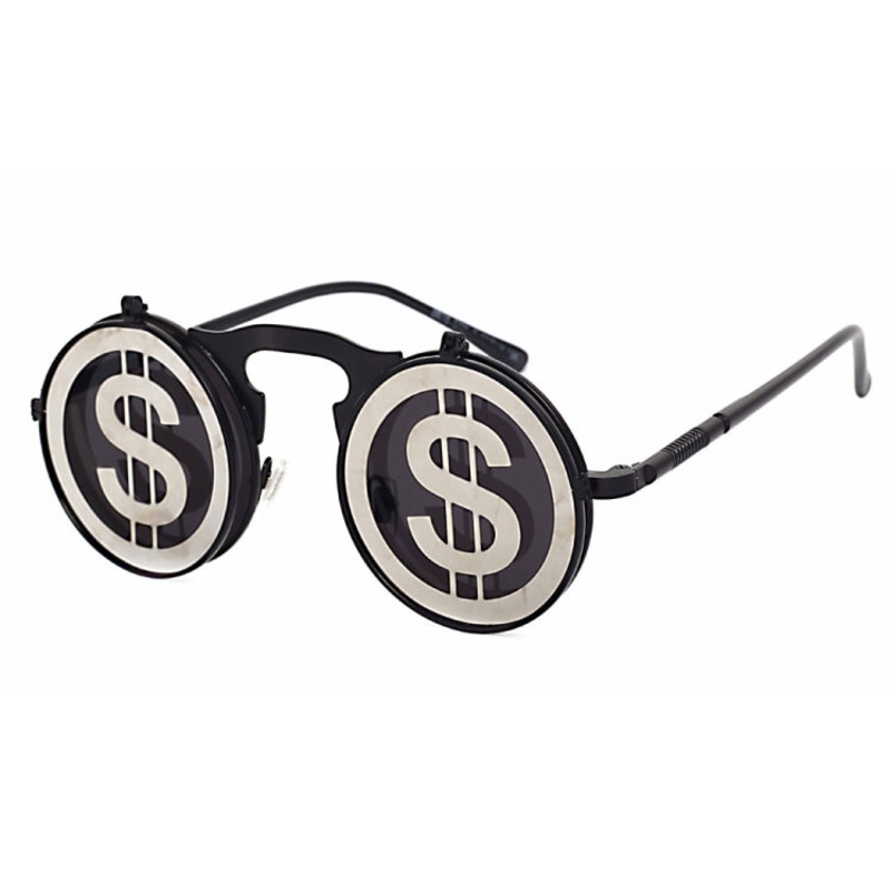 Steampunk Sunglasses Round Metal Flip Up Glasses For Men and Women, Style: Black Dollar C3