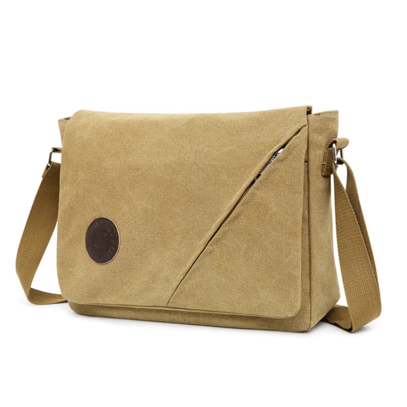 Canvas Shoulder Bag Men Casual Messenger Bag Simple Student Schoolbag (Khaki)