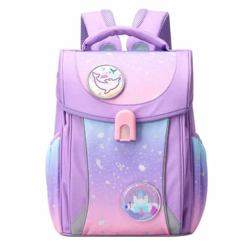 Large Capacity Cartoon Burden-Reducing Waterproof Student Schoolbag (Light Purple)