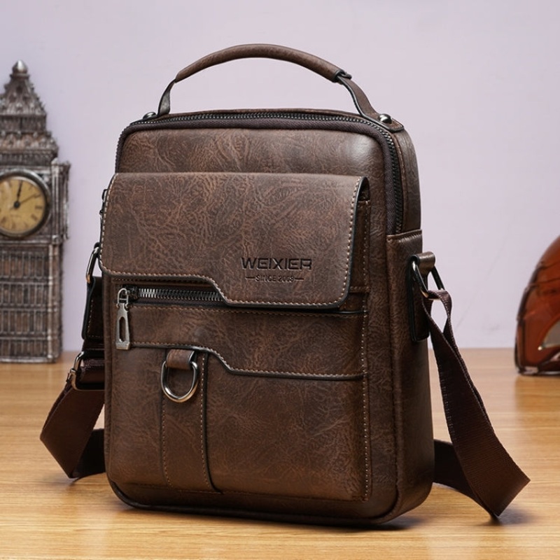 Men Business Retro PU Leather Handbag Crossbody Bag (Dark Brown) - 27.5 x 22.5 x 9cm