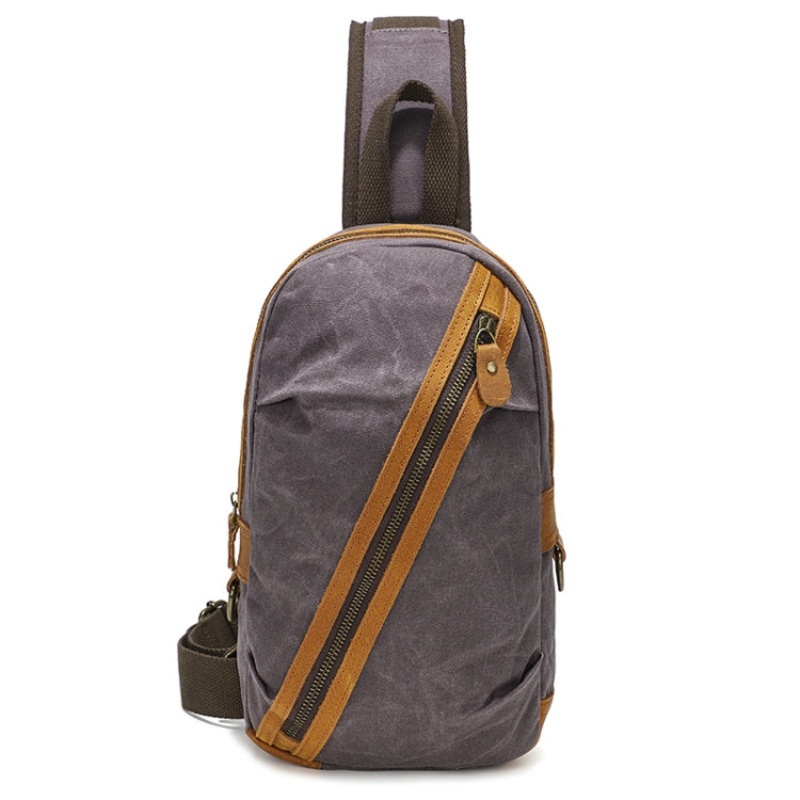 Men Chest Bag Waxed Canvas Crazy Horse Leather Shoulder Crossbody Casual Waist Bag (Gray)