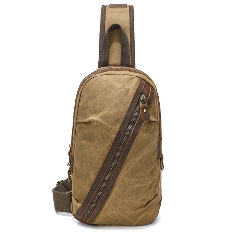 Men Chest Bag Waxed Canvas Crazy Horse Leather Shoulder Crossbody Casual Waist Bag (Khaki)