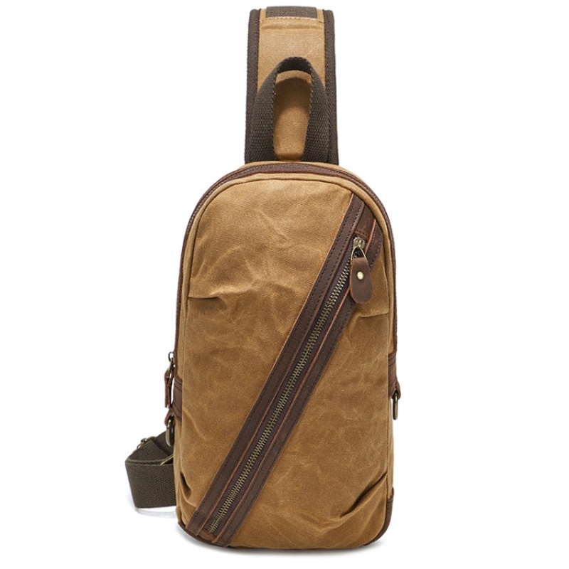 Men Waxed Canvas Crazy Horse Leather Crossbody Bag Casual Waist Bag (Earth Yellow)