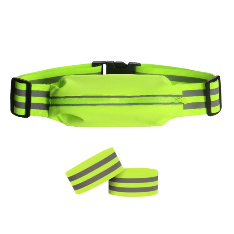 Adjustable Reflective Waist Pouch Pack with Arm Bands (Fluorescent Green) for Women Men Running