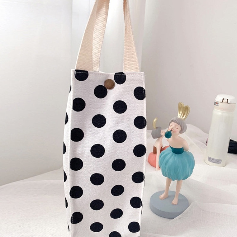 Canvas Thermos Cup Protective Cover Universal Tote Bag Water Bottle (Black Dots)