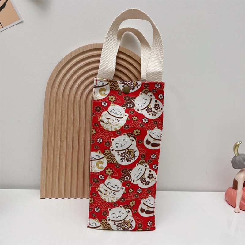 Canvas Thermos Cup Protective Cover Universal Water Bottle Tote Bag( Red Cat)