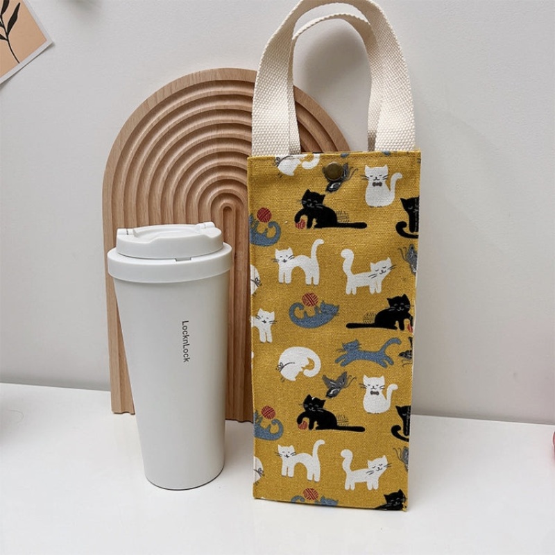 Canvas Thermos Cup Protective Cover Universal Water Bottle Tote Bag (Yellow Kitten)