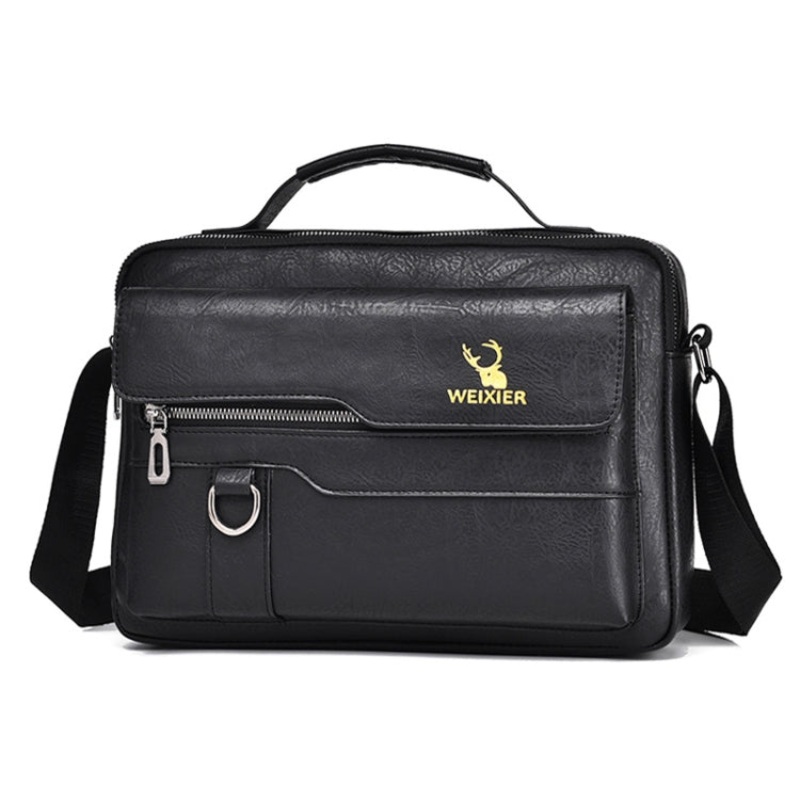 Men Shoulder Bag Retro Leather Laptop Business Casual Bag (Horizontal Black)