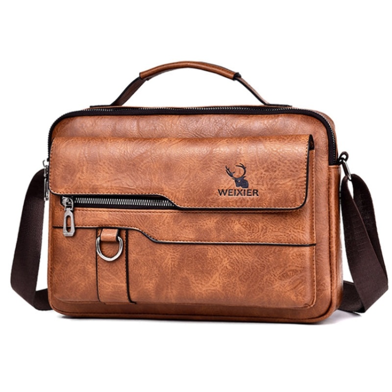 Men Shoulder Bag Retro Leather Laptop Business Casual Bag Horizontal Light Brown (Horizontal Light Brown)