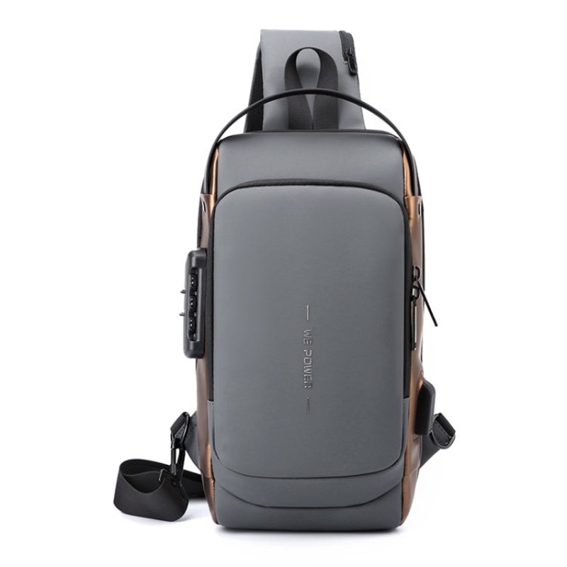 Men Chest Bag Anti-Theft Password Lock Locomotive Bag Messenger Bag (Gray Brown)