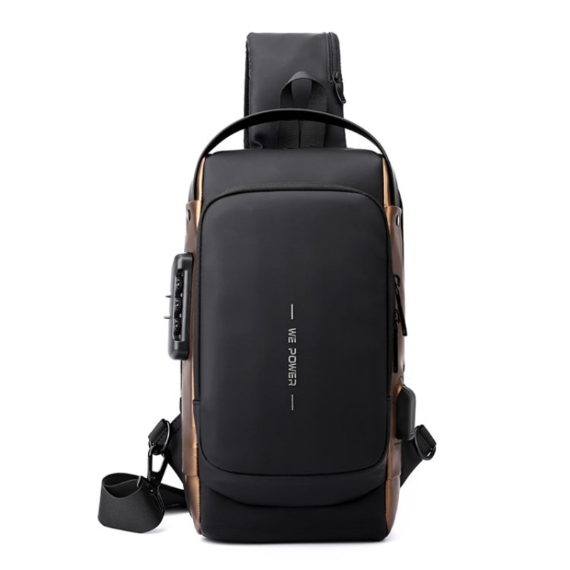 Men Chest Bag Anti-Theft Password Lock Locomotive Messenger Bag (Black Brown)