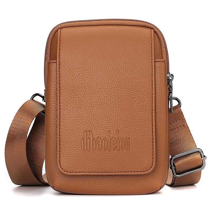 Men Waist Bag Vertical Hanging Bag Outdoor Sports Mini Mobile Phone Bag (Brown Double Layer)