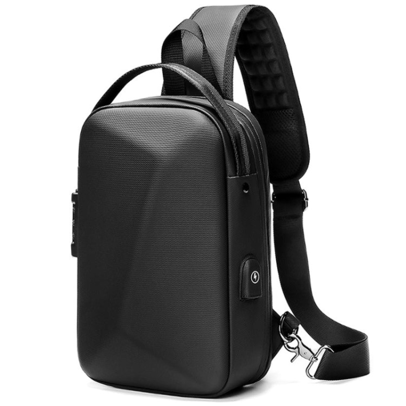 Casual Waterproof Hard Shell Chest Bag with USB Port Lightweight Outdoor Shoulder Messenger Bag (Black)