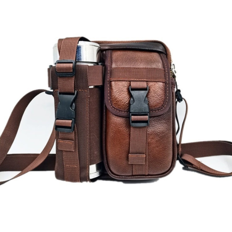 Leather Shoulder Mobile Phone Messenger Bag Casual Water Bottle Bag 8 Inch (Coffee)