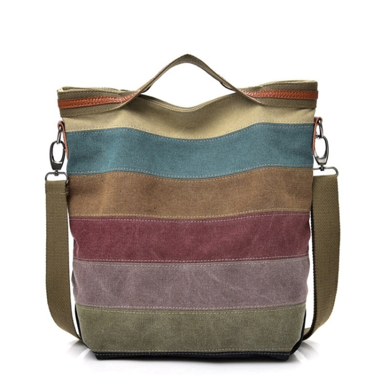 Simple Canvas Crossbody Bag Multi-Layer Stitching Women Bag (Multi)
