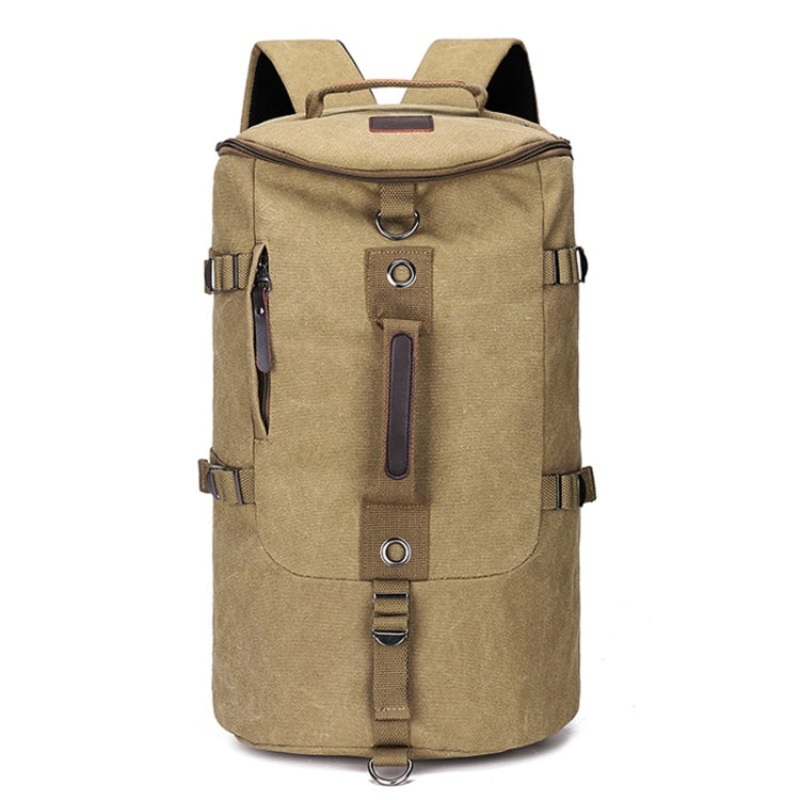 Travel Canvas Double Shoulder Backpack Student Schoolbag (Khaki) for Outdoor Adventures