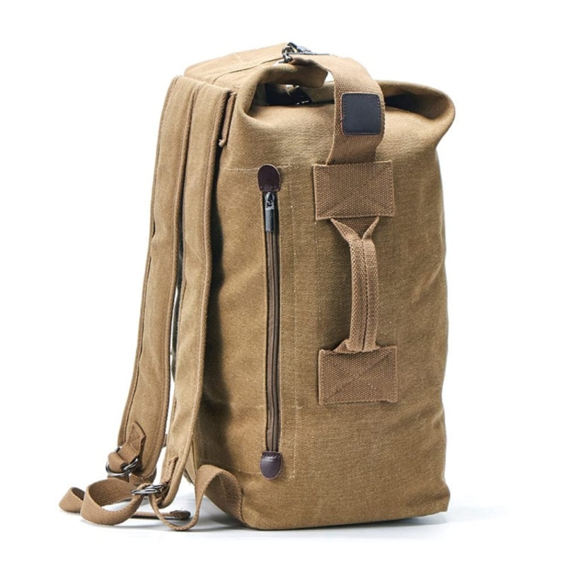 Upgrade Double Shoulder Canvas Backpack Student Schoolbag Small Khaki (Outdoor Travel Man)