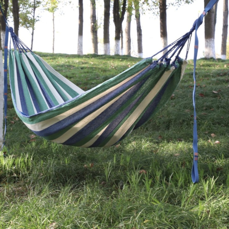 Outdoor Double Thickened Canvas Hammock Indoor Swing 200x100cm Blue Green White Stripe
