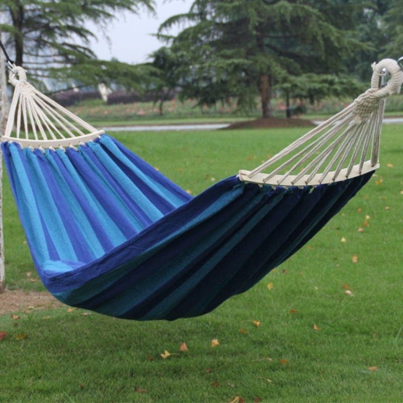 Outdoor Double Thickened Canvas Hammock Indoor Swing with Detachable Curved Rod (Dark Blue) - 200x100cm