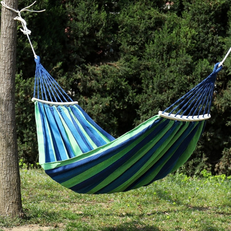 Outdoor Double Thickened Canvas Hammock Indoor Swing with Detachable Curved Rod (Green Stripe) 190x100cm