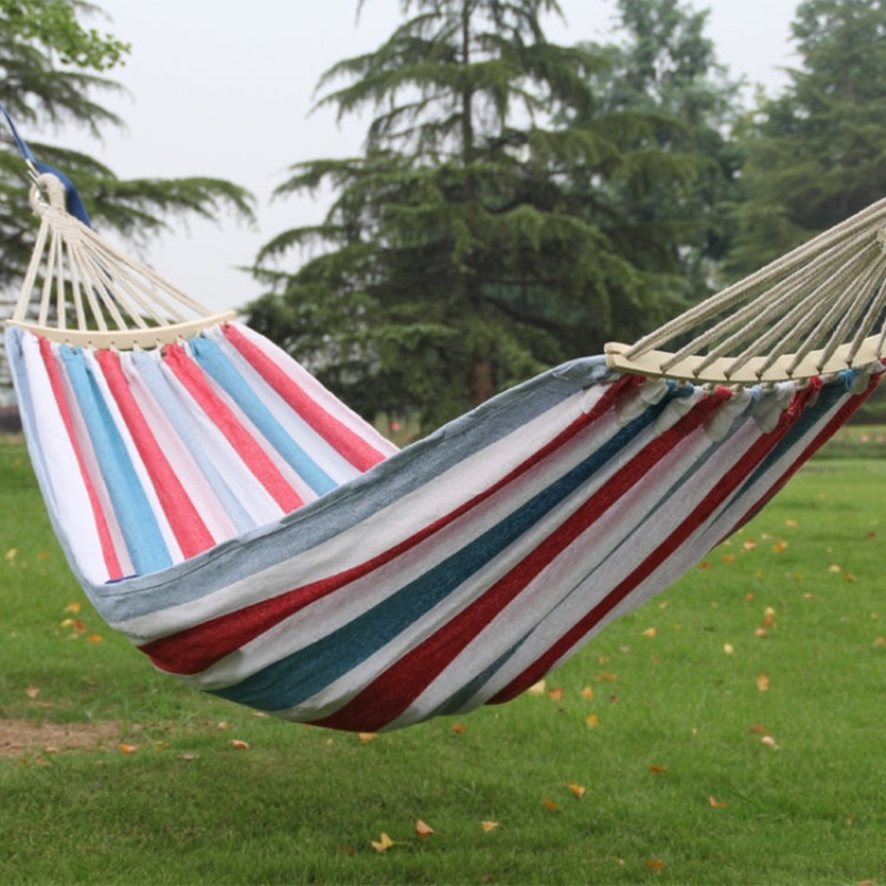 Outdoor Double Thickened Canvas Hammock Indoor Swing with Detachable Curved Rod (Red White Stripe) 200x100cm