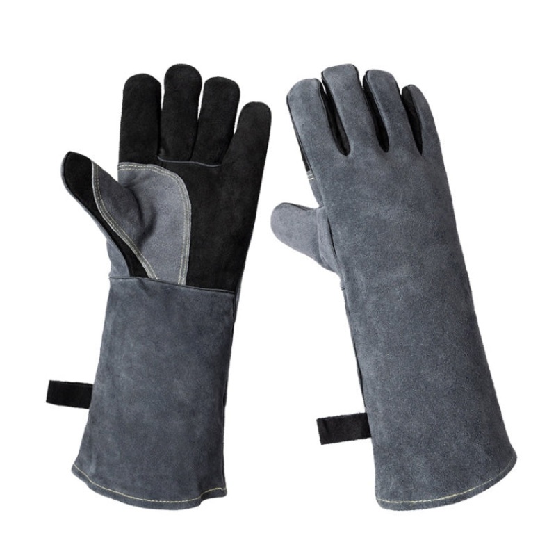 Cowhide BBQ Gloves Thickened Anti-hot Oven Welding Protection Gloves, Specification: A2415 16 inch Gray Black