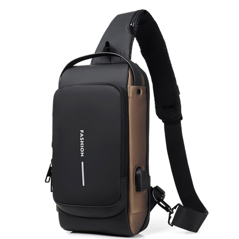 Anti-Theft Men's Shoulder Bag with USB Charging Port (Black Gold)
