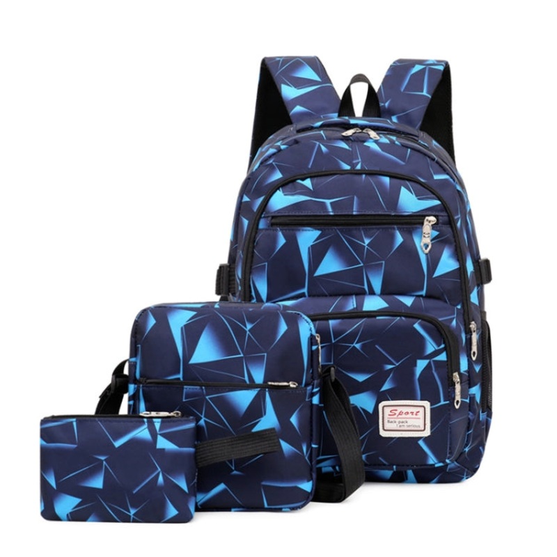 Diamond Print Canvas Backpack Shoulder Bag Student Schoolbag (Blue)