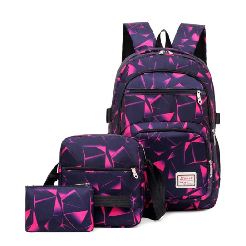 Diamond Print Canvas Backpack Shoulder Bag Student Schoolbag (Rose Red)