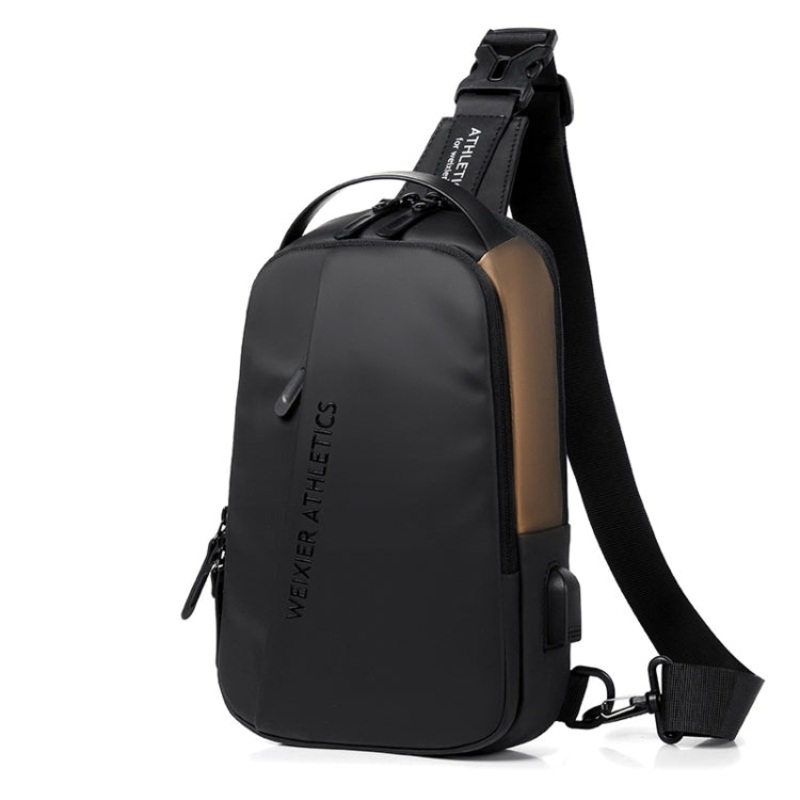Men Chest Bag Crossbody Casual Small Bag Shoulder Bag External USB Port (Black Gold)