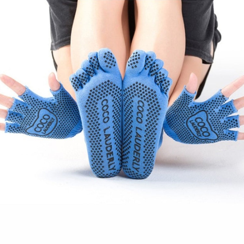 Non-Slip Open Finger Yoga Sports Gloves + Five Finger Yoga Socks Set (Blue) One Size