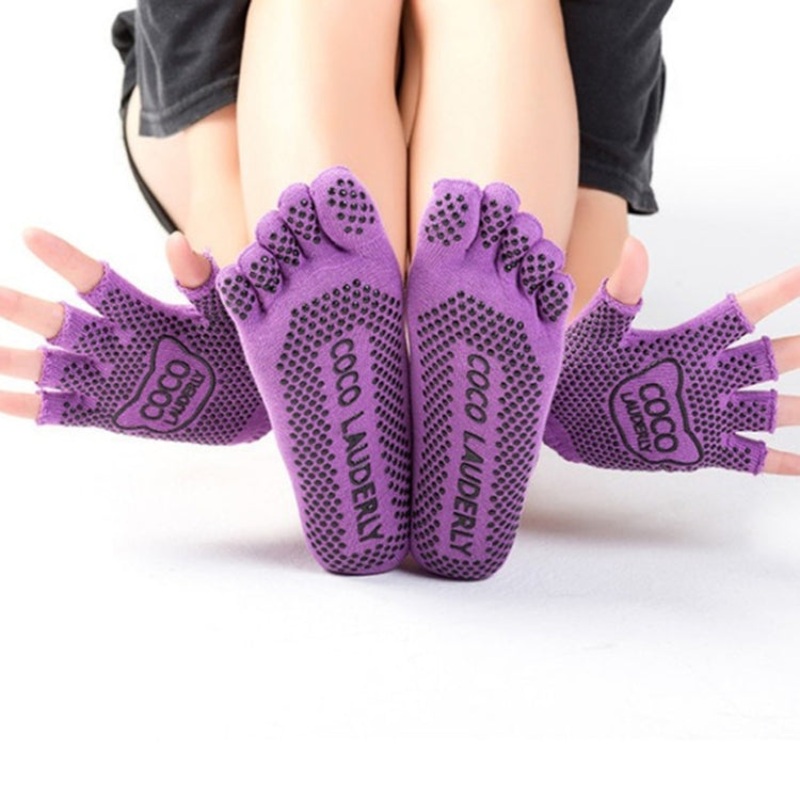Non-Slip Open Finger Yoga Sports Gloves + Five Finger Yoga Socks Set (Purple, One Size)