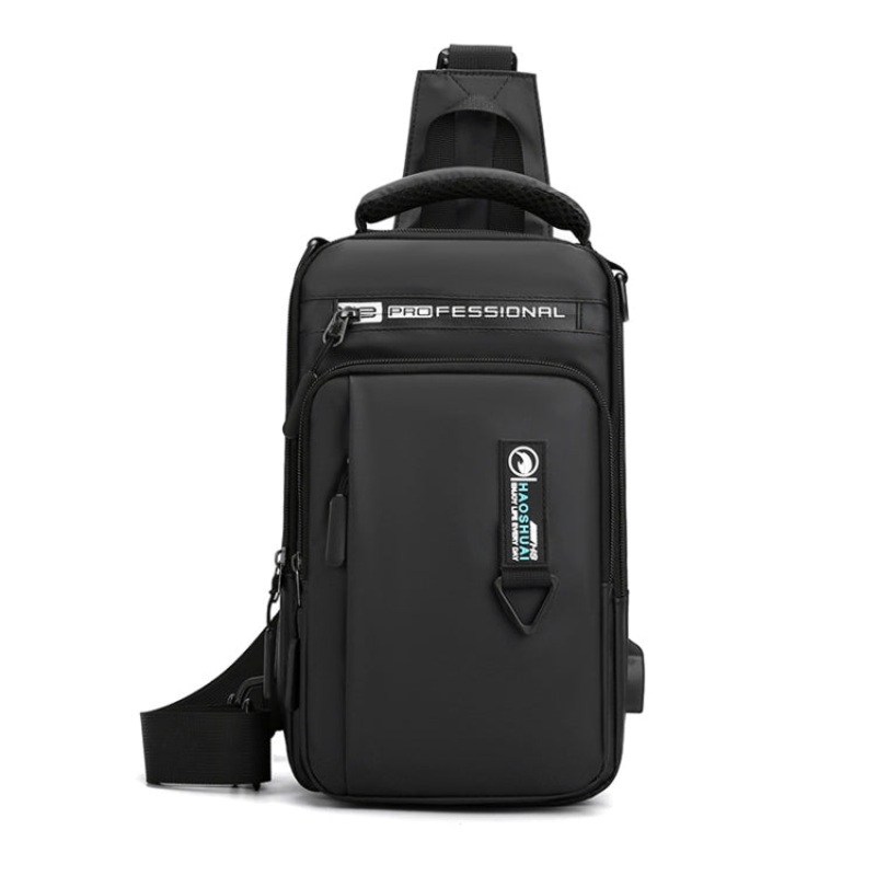 Men Casual Chest Bag with USB Charging Shoulder Bag (Black)
