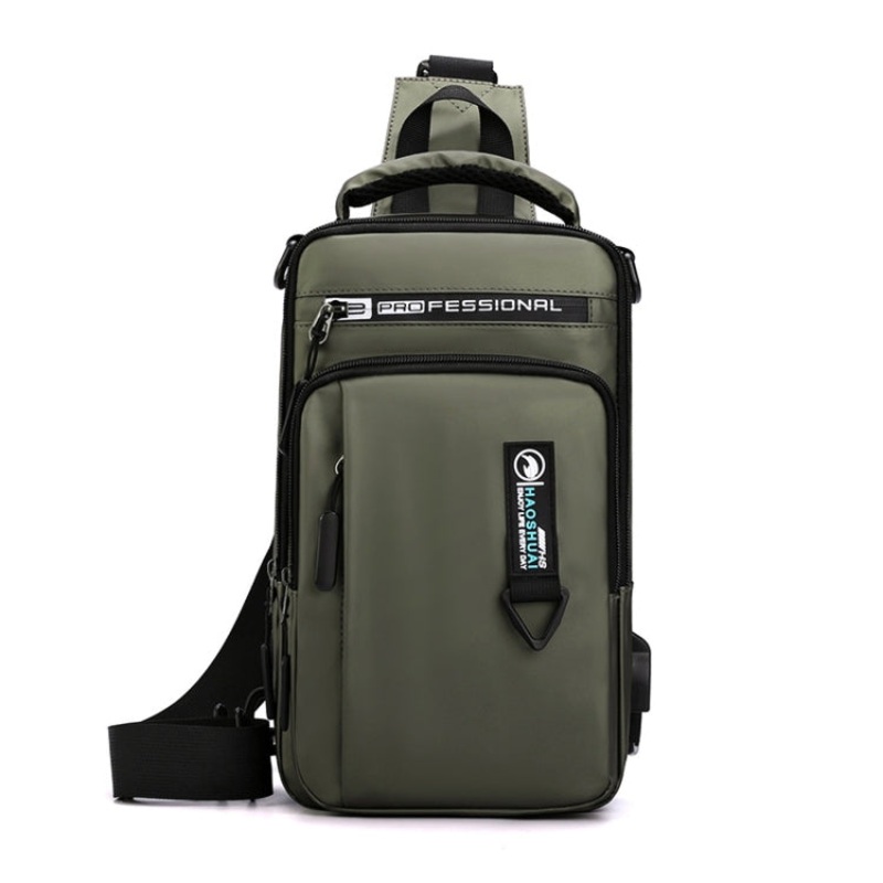 Men Casual Shoulder Bag USB Charging Chest Bag (Army Green)