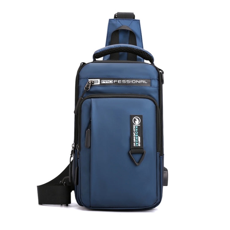 Men Casual Shoulder Bag USB Charging Chest Bag Dark Blue x(Large)