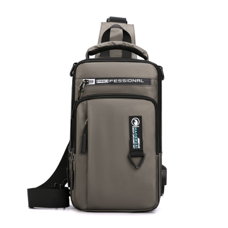 Men Casual Shoulder Bag USB Charging Chest Bag (Khaki)