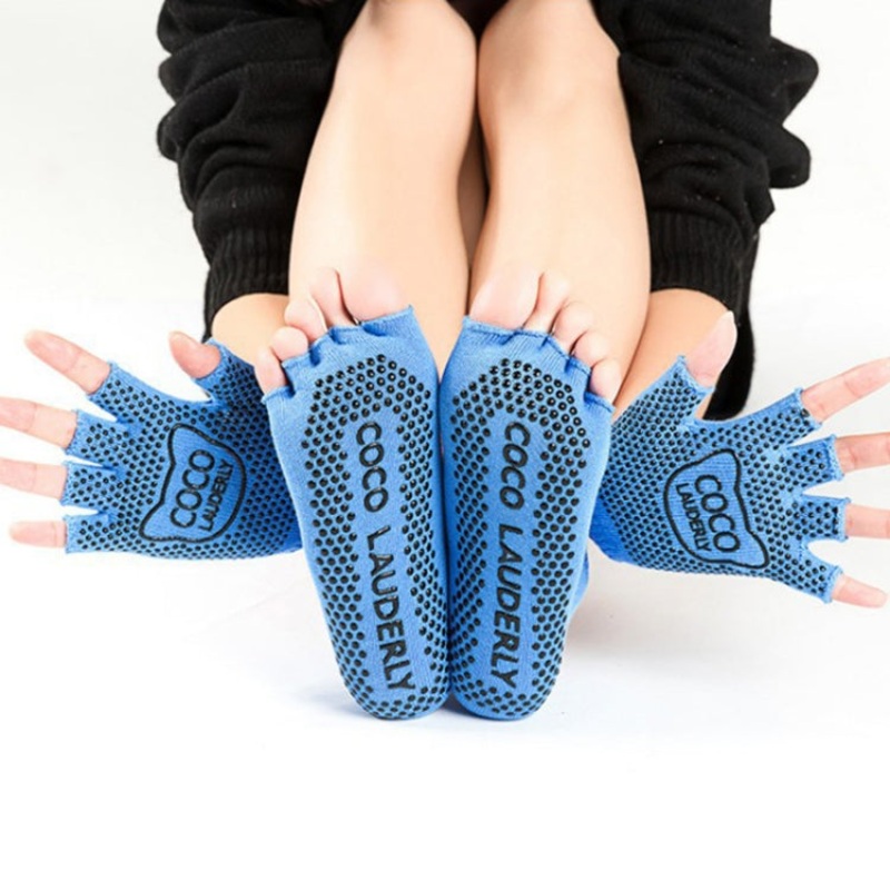 Non-Slip Open Finger Yoga Sports Gloves Five Finger Yoga Socks Set One Size (Open Toe Blue)