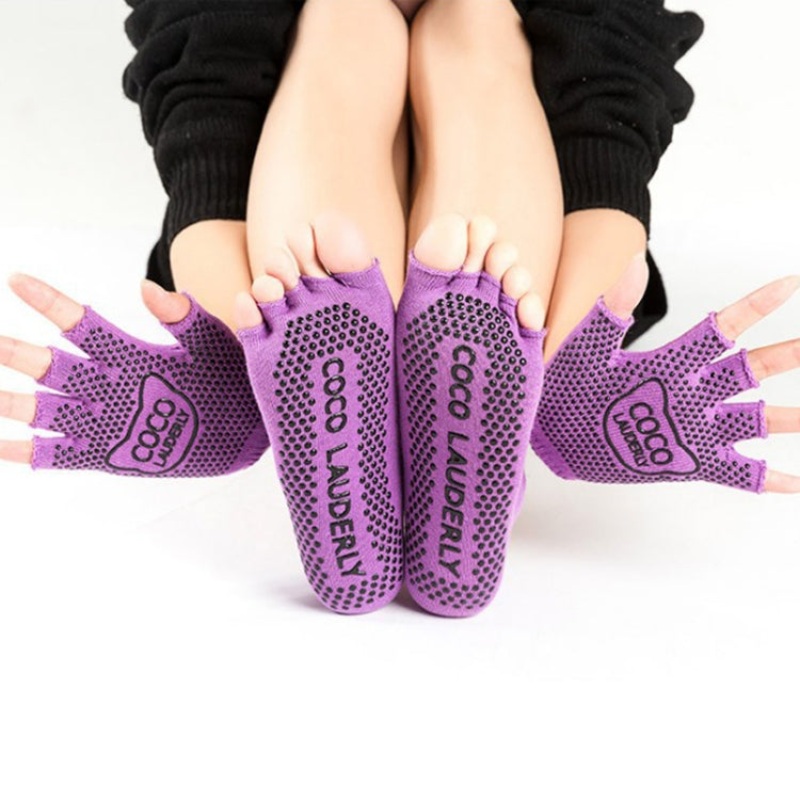Non-Slip Open Finger Yoga Sports Gloves + Five Finger Yoga Socks Set (One Size, Open Toe Purple)