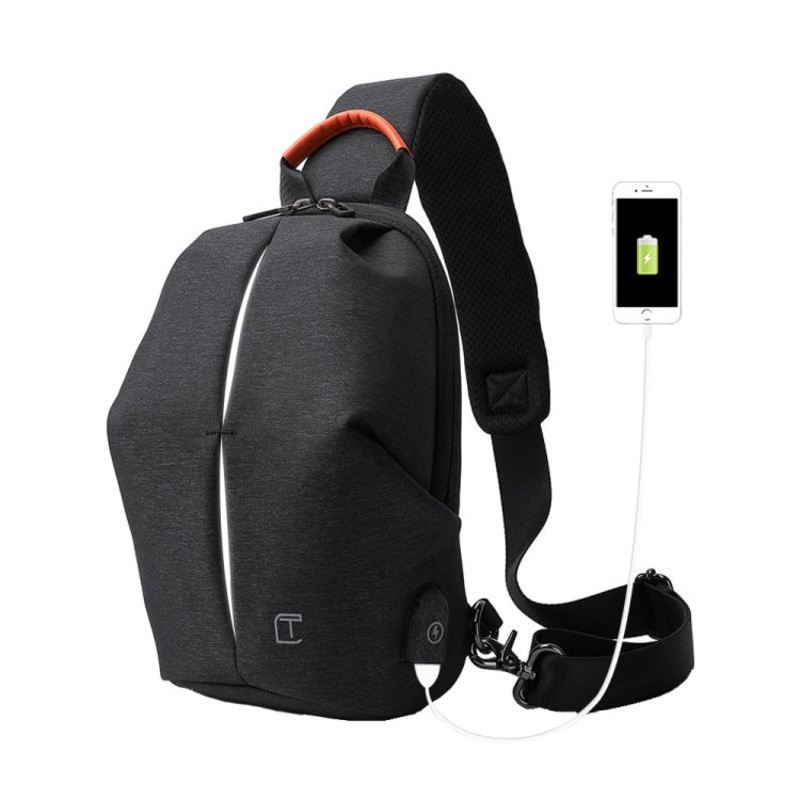 Men Waterproof Messengers Shoulder Bag USB Casual Chest Bag (Black)