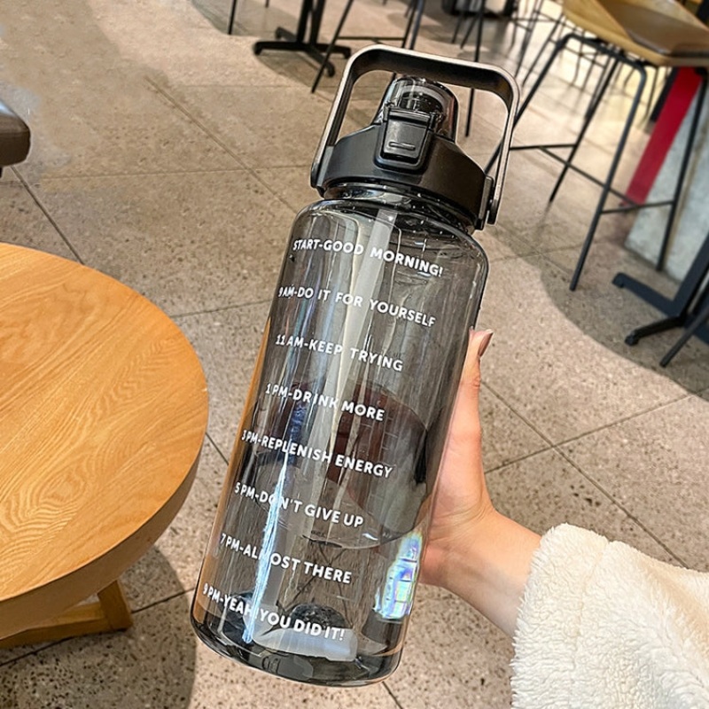 Large Capacity Outdoor Sports Water Bottle with Straw Black (+Stickers) 2000ml