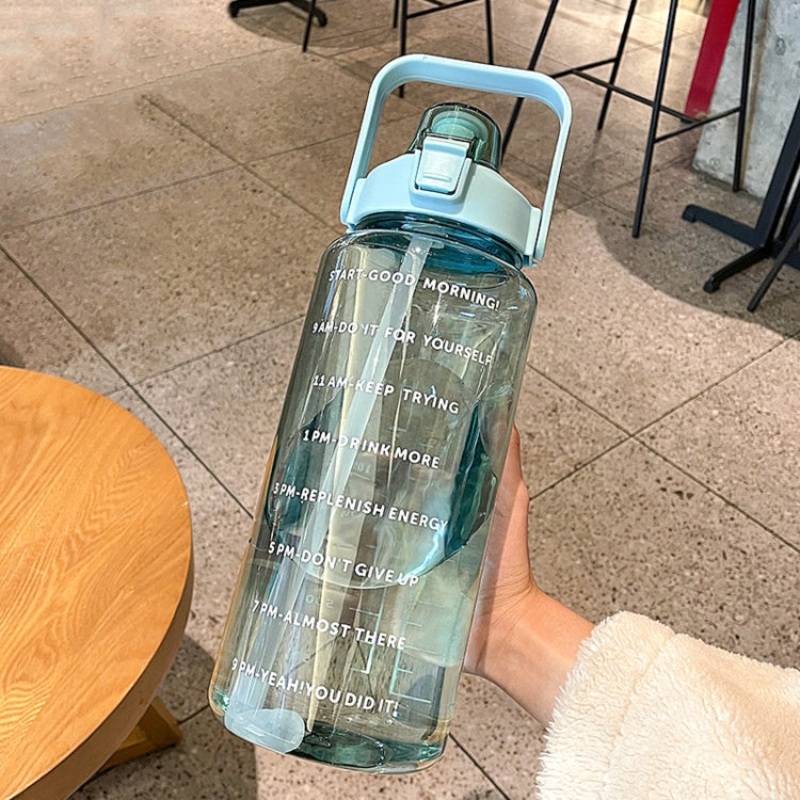 Large Capacity Outdoor Sports Water Bottle with Straw Green+3D Stickers (2000ml)