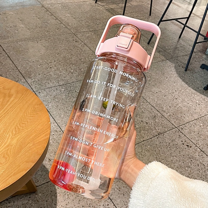 Large Capacity Outdoor Sports Water Bottle with Straw Pink+3D Stickers (2000ml)