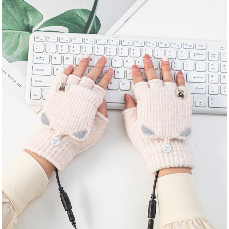 Winter Office USB Heating Warm Half Finger with Cover Gloves Heated Pad, Size: Free Size(Beige)