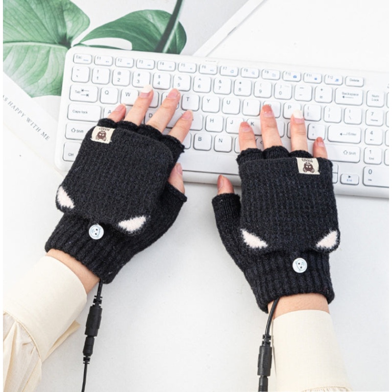 Winter Office USB Heating Warm Half Finger with Cover Gloves Heated Pad, Size: Free Size(Black)