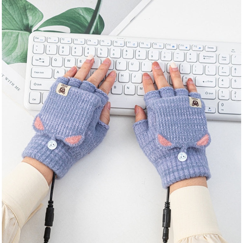 Winter Office USB Heating Warm Half Finger with Cover Gloves Heated Pad, Size: Free Size(Blue)