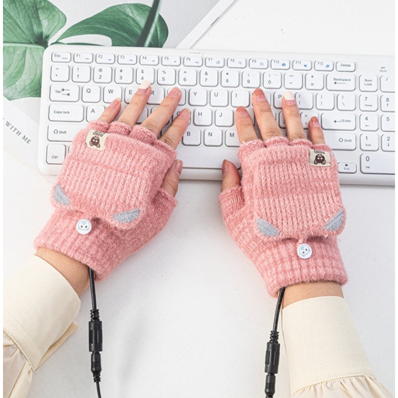 Winter Office USB Heating Warm Half Finger with Cover Gloves Heated Pad, Size: Free Size(Pink)
