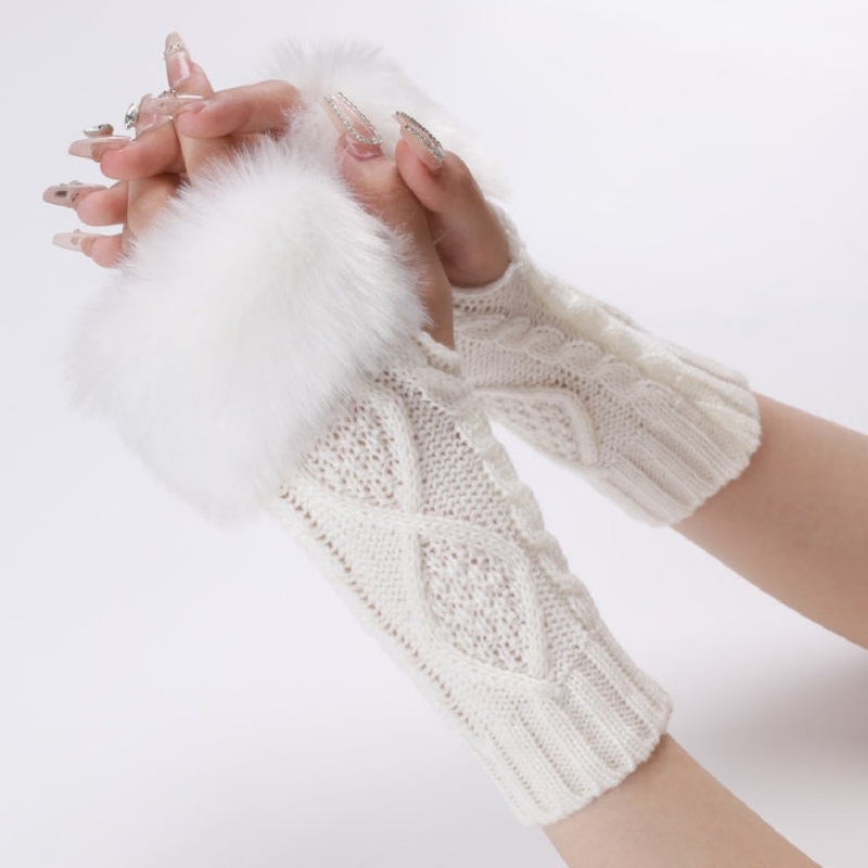 Ladies Short Type Furry Gloves Diamond Knit Warm Fingerless Arm Sleeves(White)