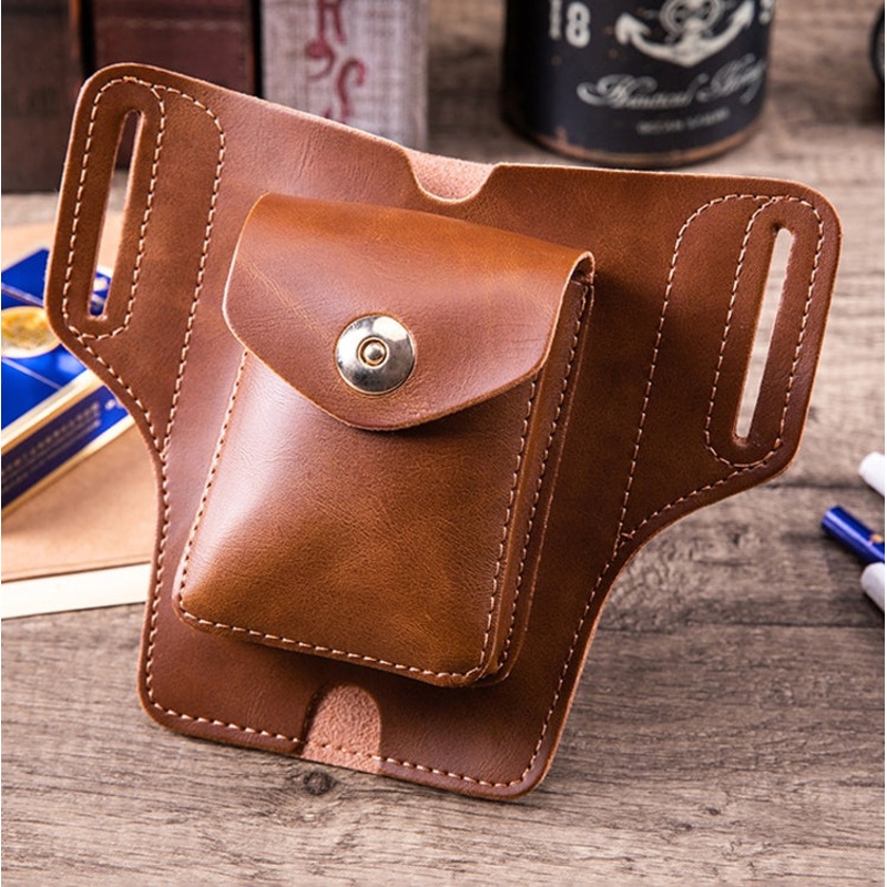 3 in 1 Lighter Phone Cigarette Box Storage Waist Bags (Crazy Horse Apricot)