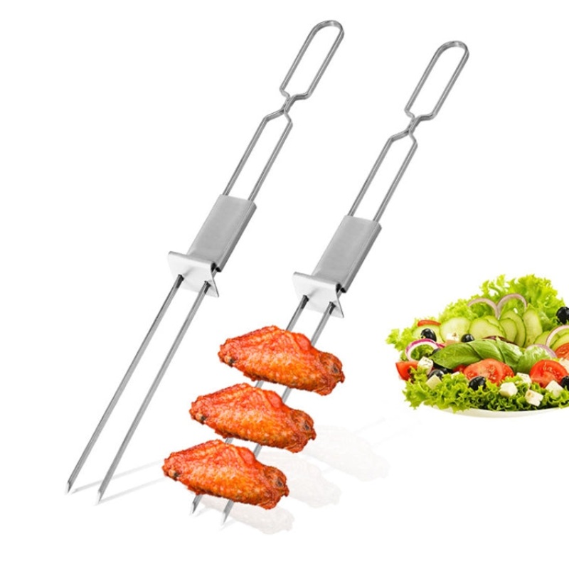 Stainless Steel Semi-Automatic Double Head BBQ Fork Outdoor BBQ Tool (2 PCS)