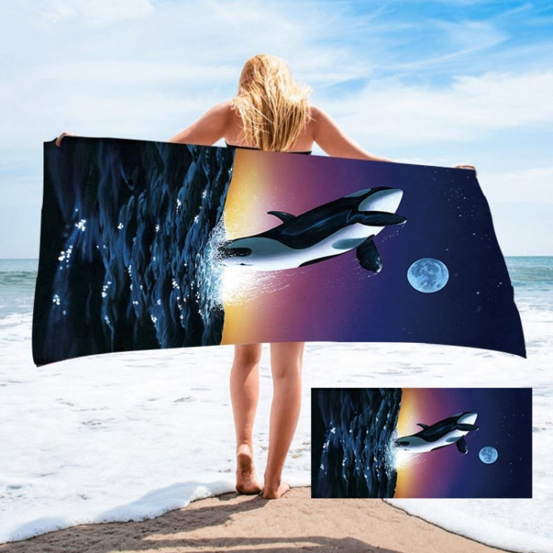Seaside Portable Microfiber Beach Swim Printed Bath Towel 130x80cm(Shark + Moon)